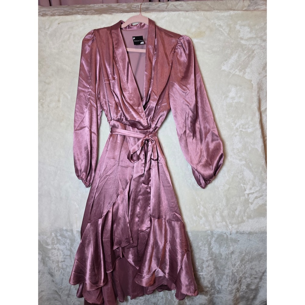 Maison Tara Mauve Pink Metallic Faux Wrap High Low Ruffle Dress Size 6